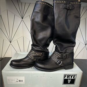 Frye Black Leather Jenna Studded Boots Tall